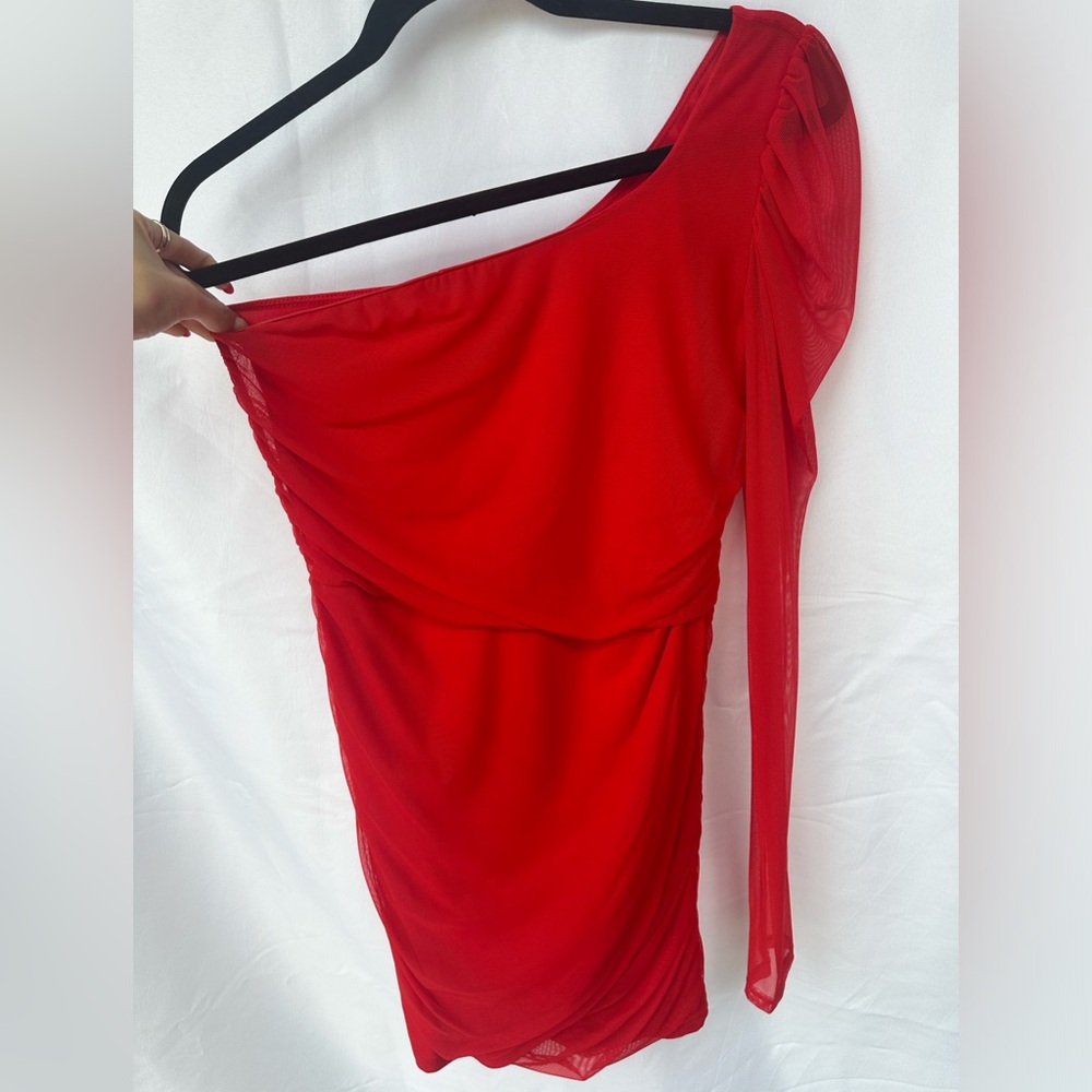 Lucy in the Sky One Shoulder Mesh Long Sleeve Mini Dress Size: S